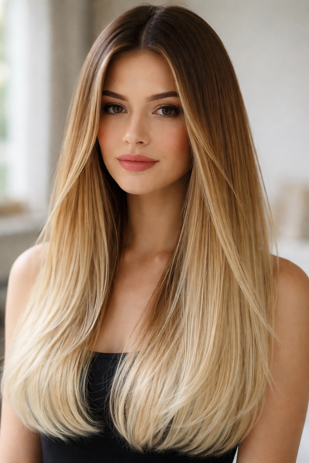 Straight hair with honey-to-cream ombre in a soft natural gradient