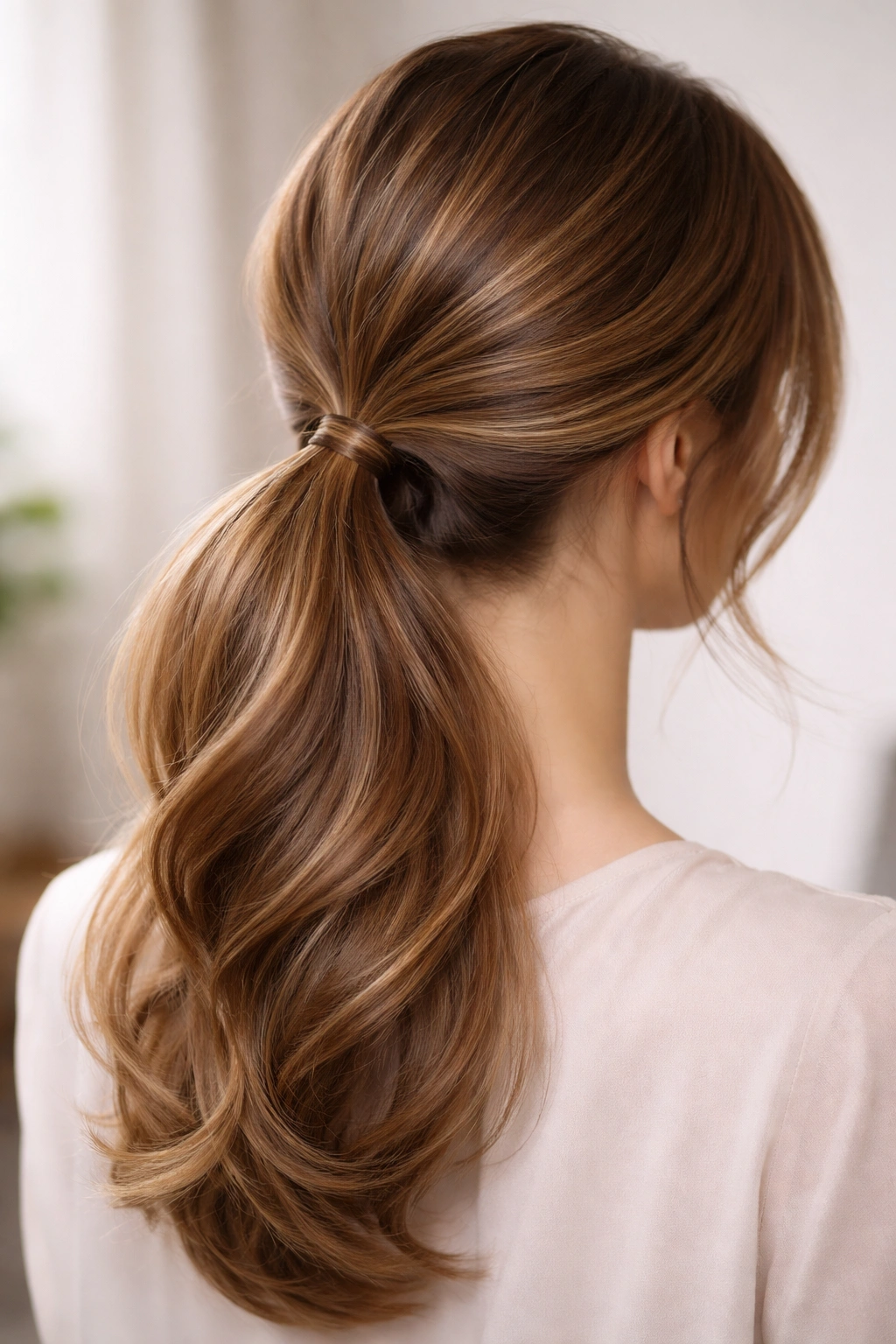 Back view of honey-toned layered low ponytail with subtle waves