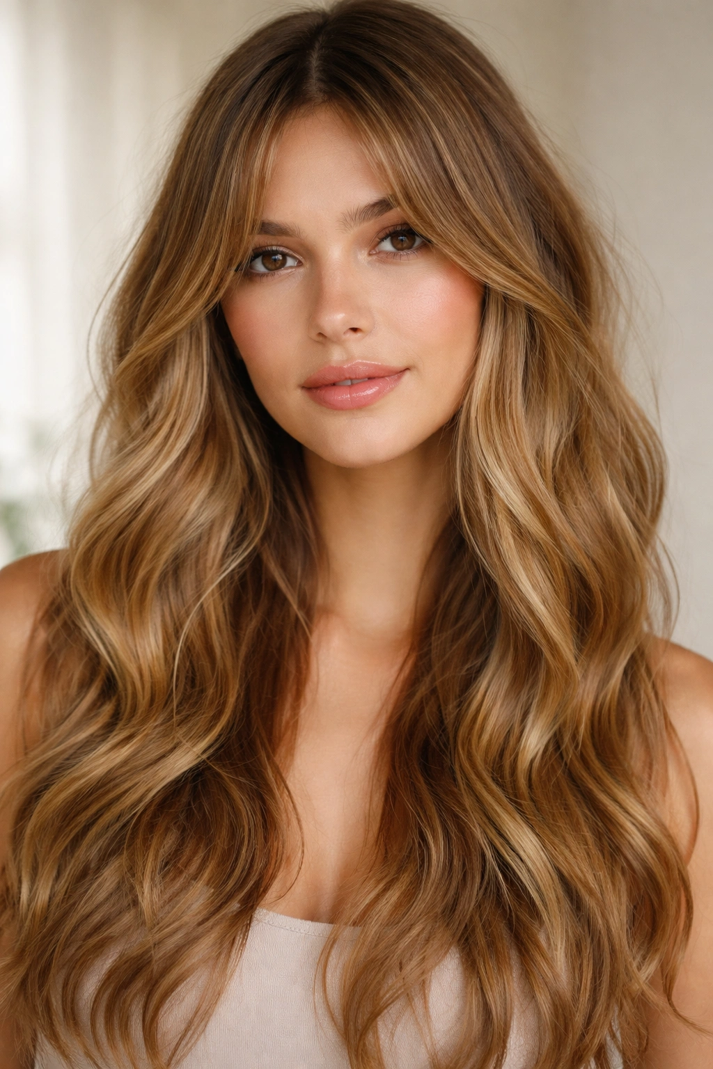 Close-up of honey-toned waves with barely-there curtain bangs