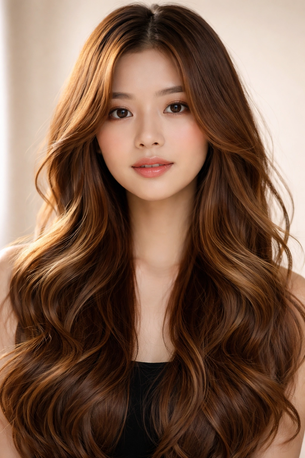 Honey-toned waves with face-framing pieces in studio portrait