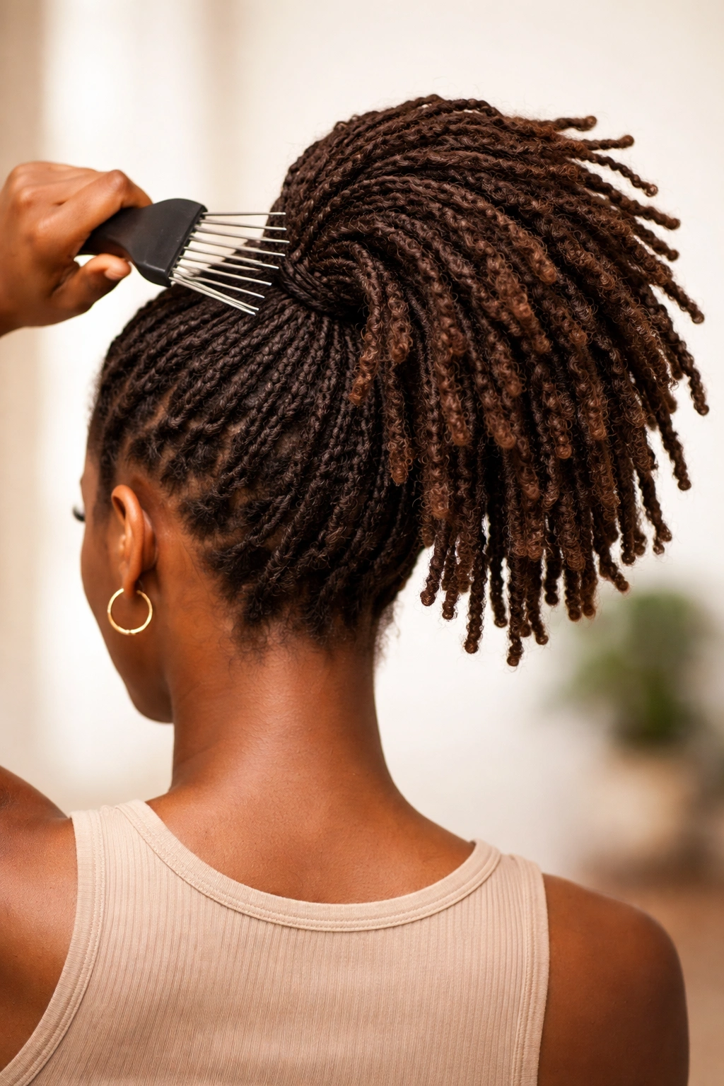 Ponytail with honeycomb texture created by picking loose locs