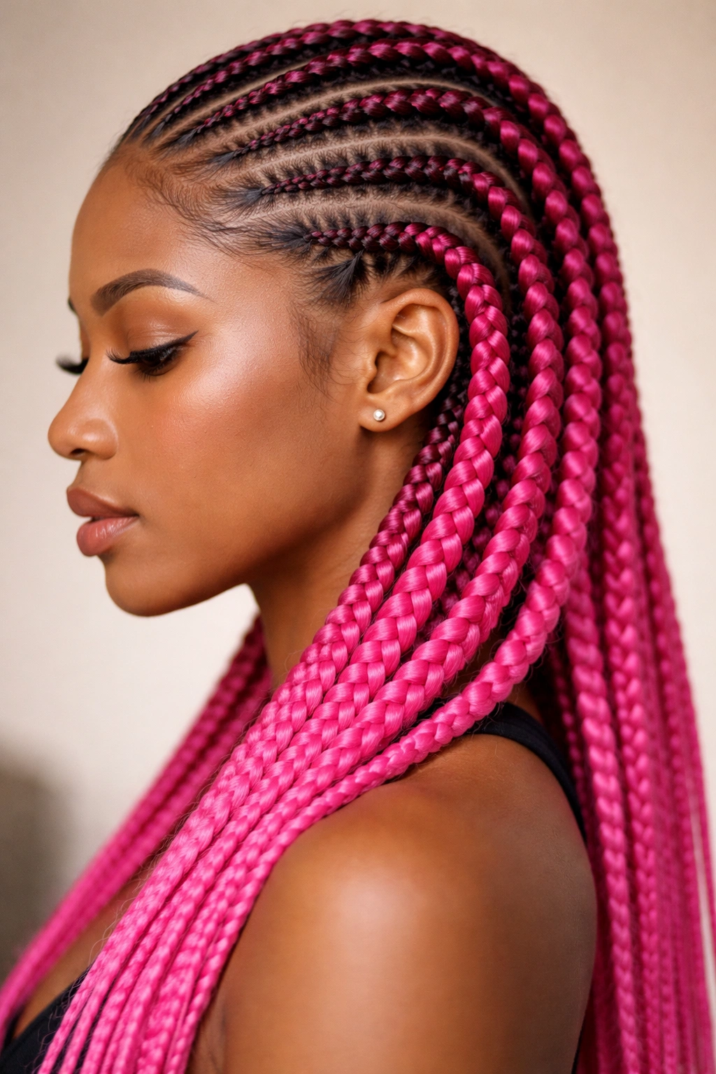 Close-up of hot pink feed-in cornrows on a model in a neutral studio.