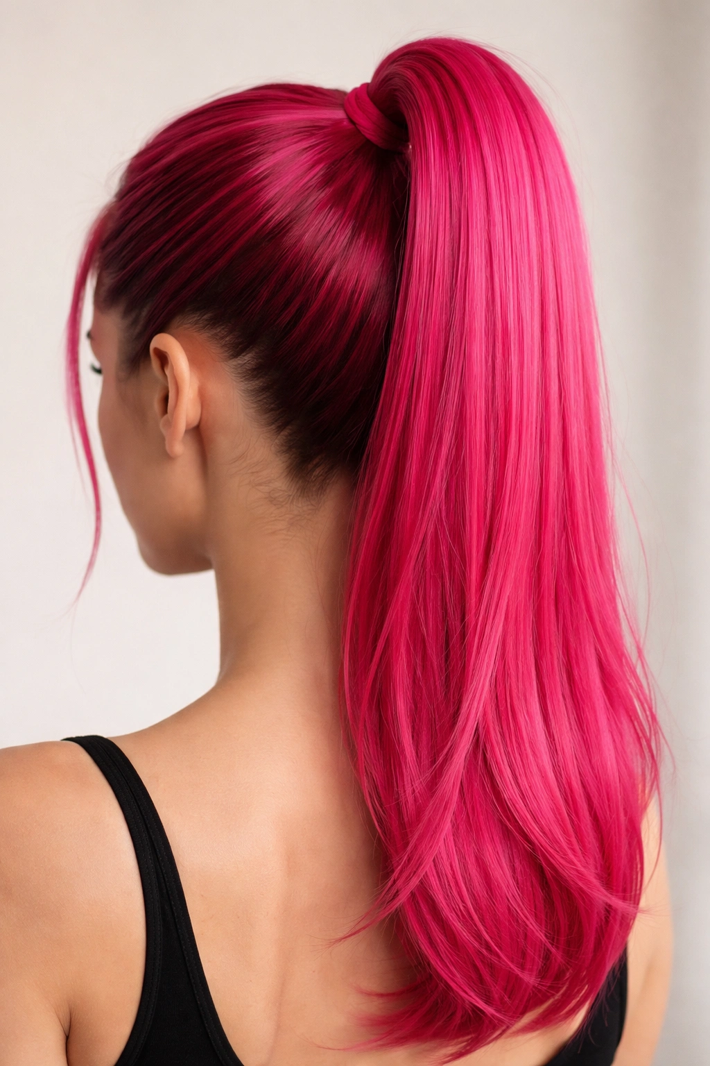 Close-up of hot pink high ponytail with sleek glossy finish, crown-height hairstyle
