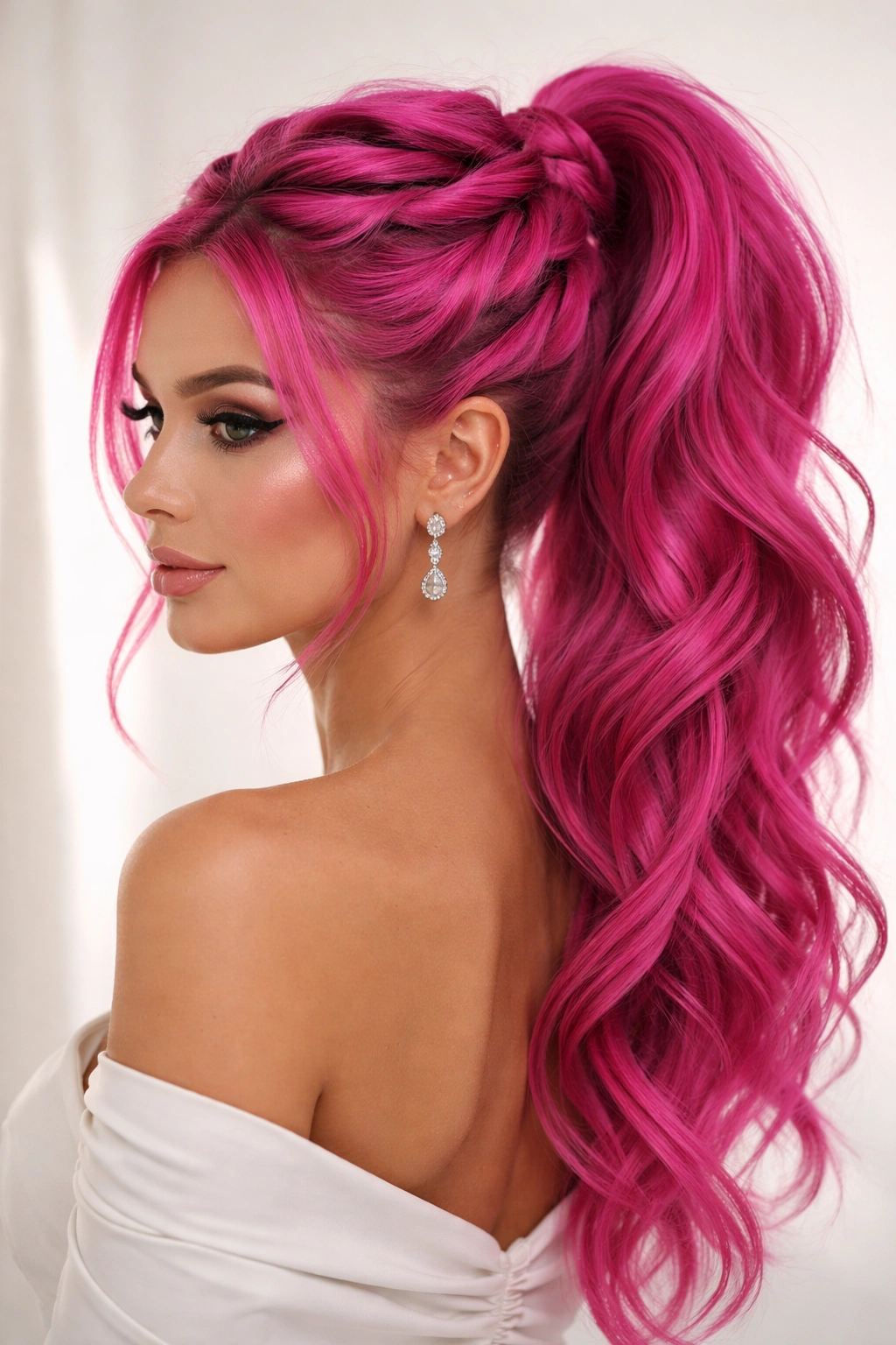Front view of hot pink twisted crown ponytail with halo twists around the crown