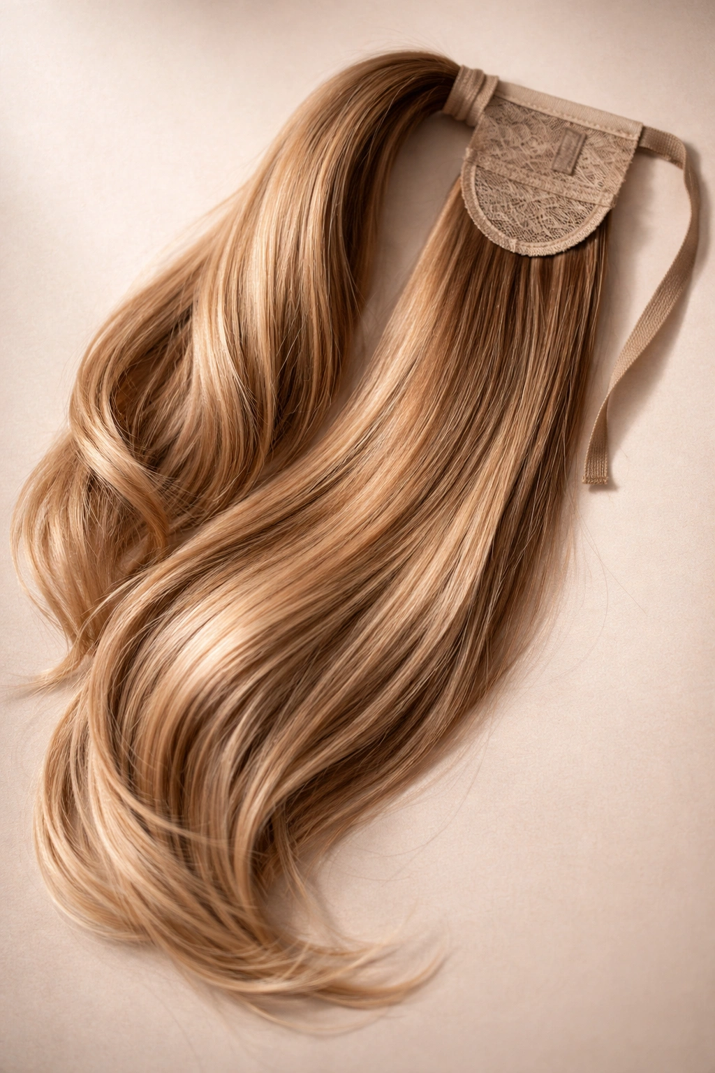 Close-up of a human hair ponytail extension with natural shine on a plain background