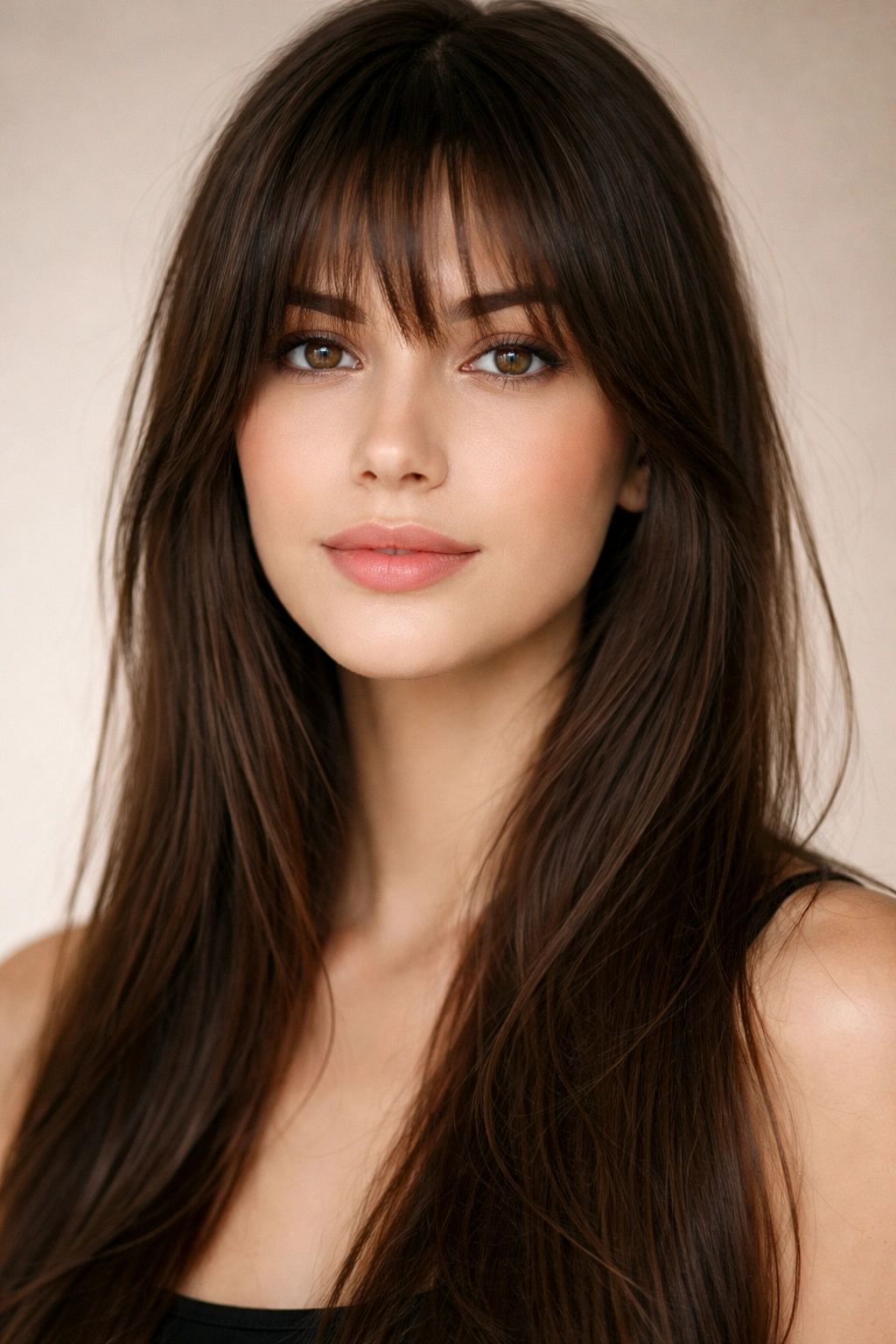 Close-up of hush bangs with wispy fringe on straight hair.