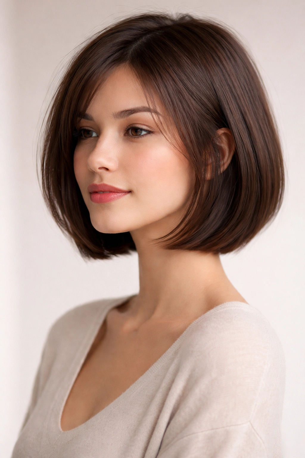 Close-up profile of a straight-hair hush bob showing soft internal layers.