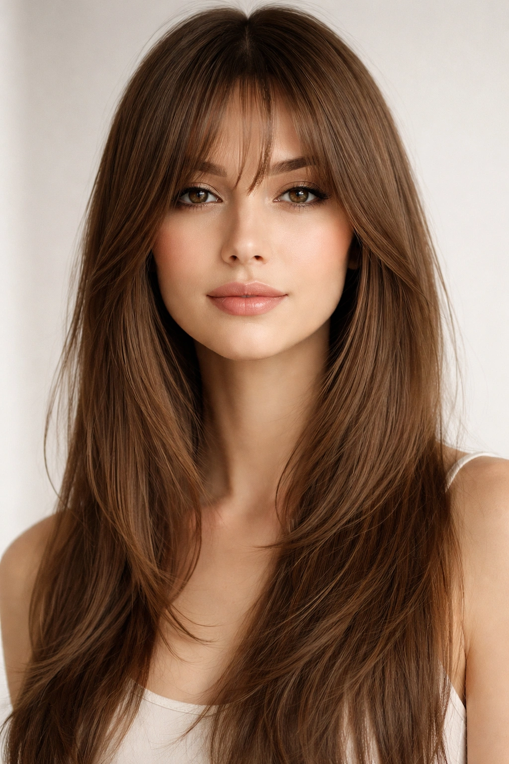 Close-up of soft feathered curtain bangs on straight hair with seamless blend into layers