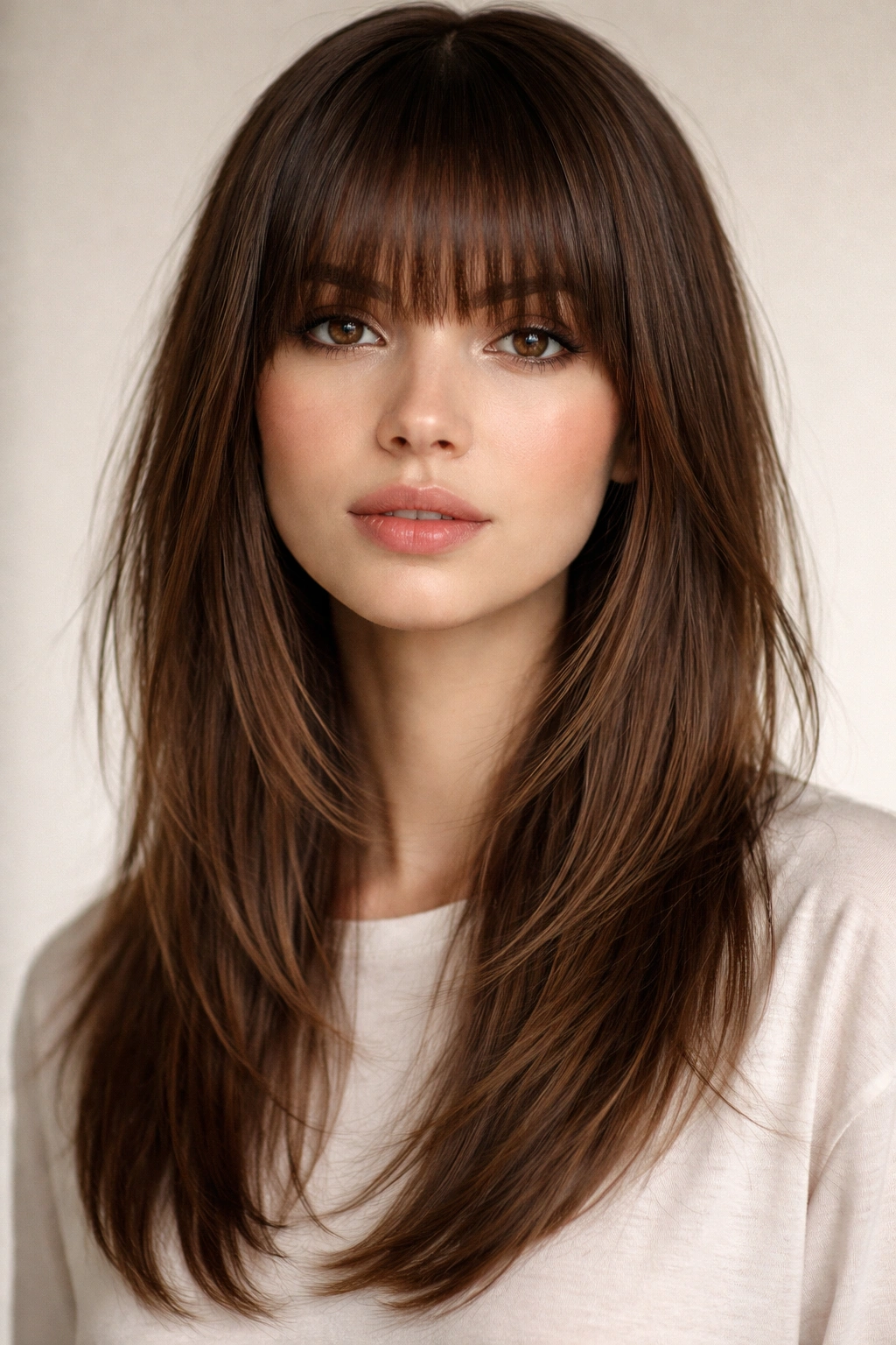 Straight-across fringe with disconnected layers on straight hair