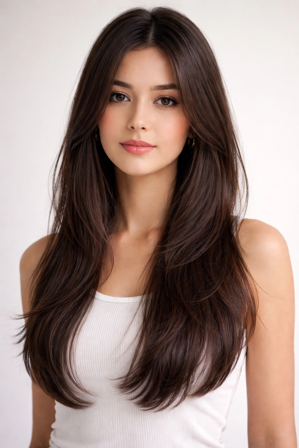 Front view of straight hair with evenly distributed hush layers from crown to ends.