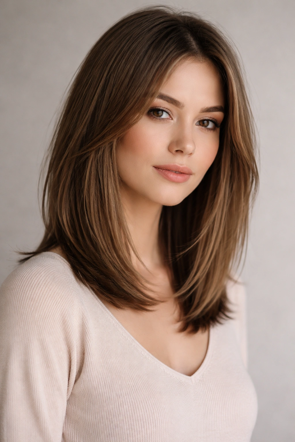Shoulder-length hush lob with soft layers on straight hair.