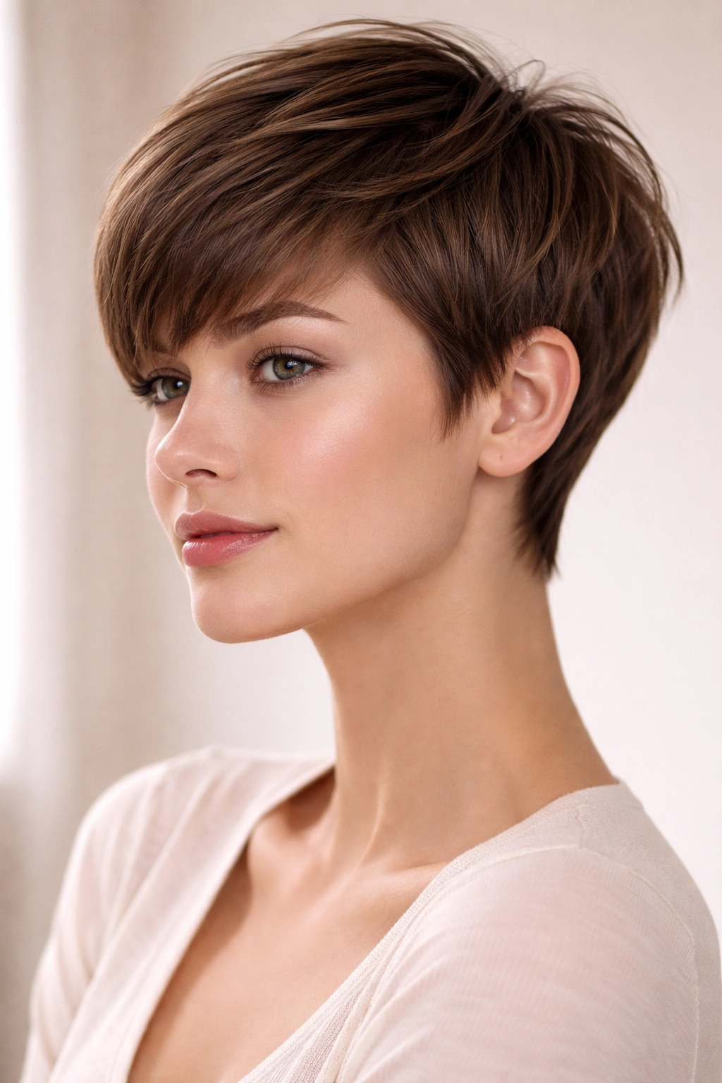 Side profile of a hush pixie with soft textured top on straight hair.