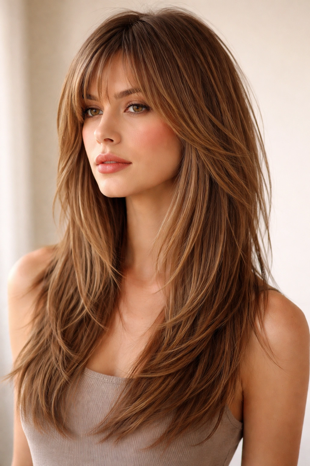Three-quarter view of hush shag with feathered layers on straight hair.