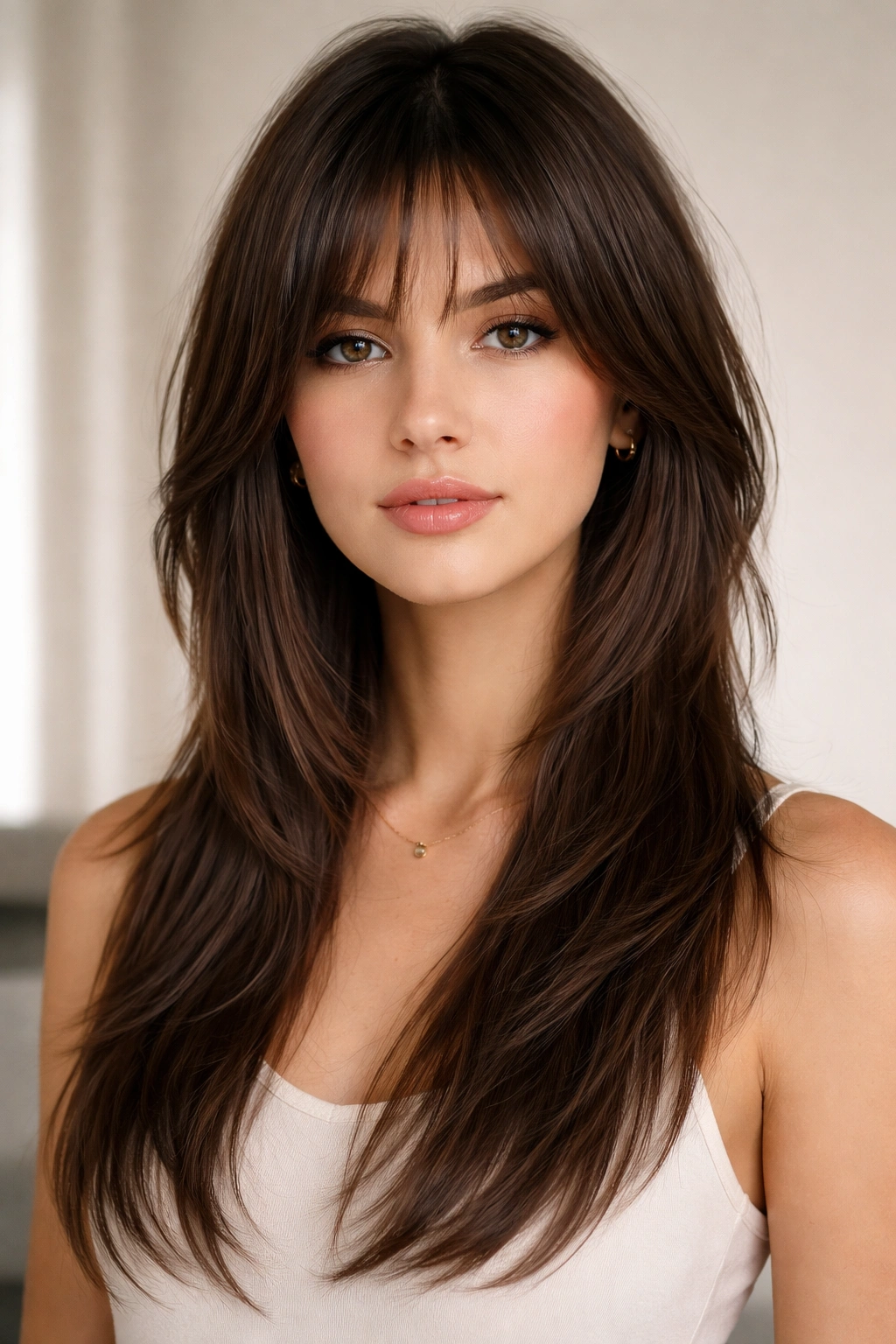 Soft hush wolf cut with blended layers on straight hair in studio setting