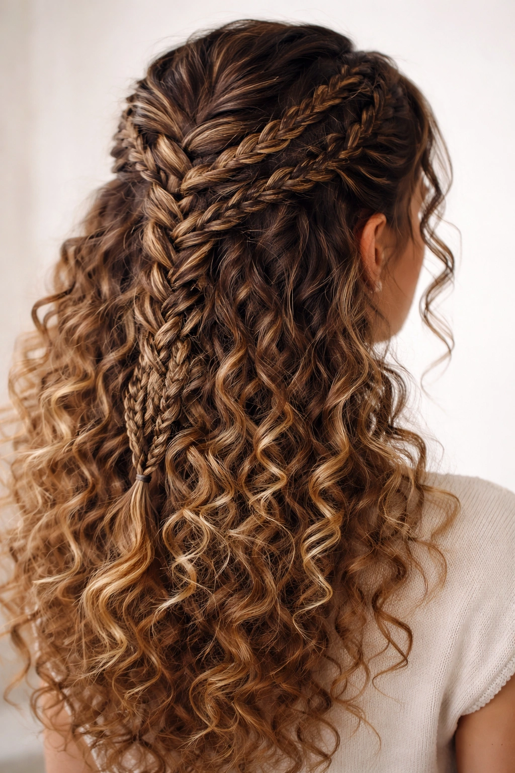 Crown of mixed braids merging French with other braids on curly hair