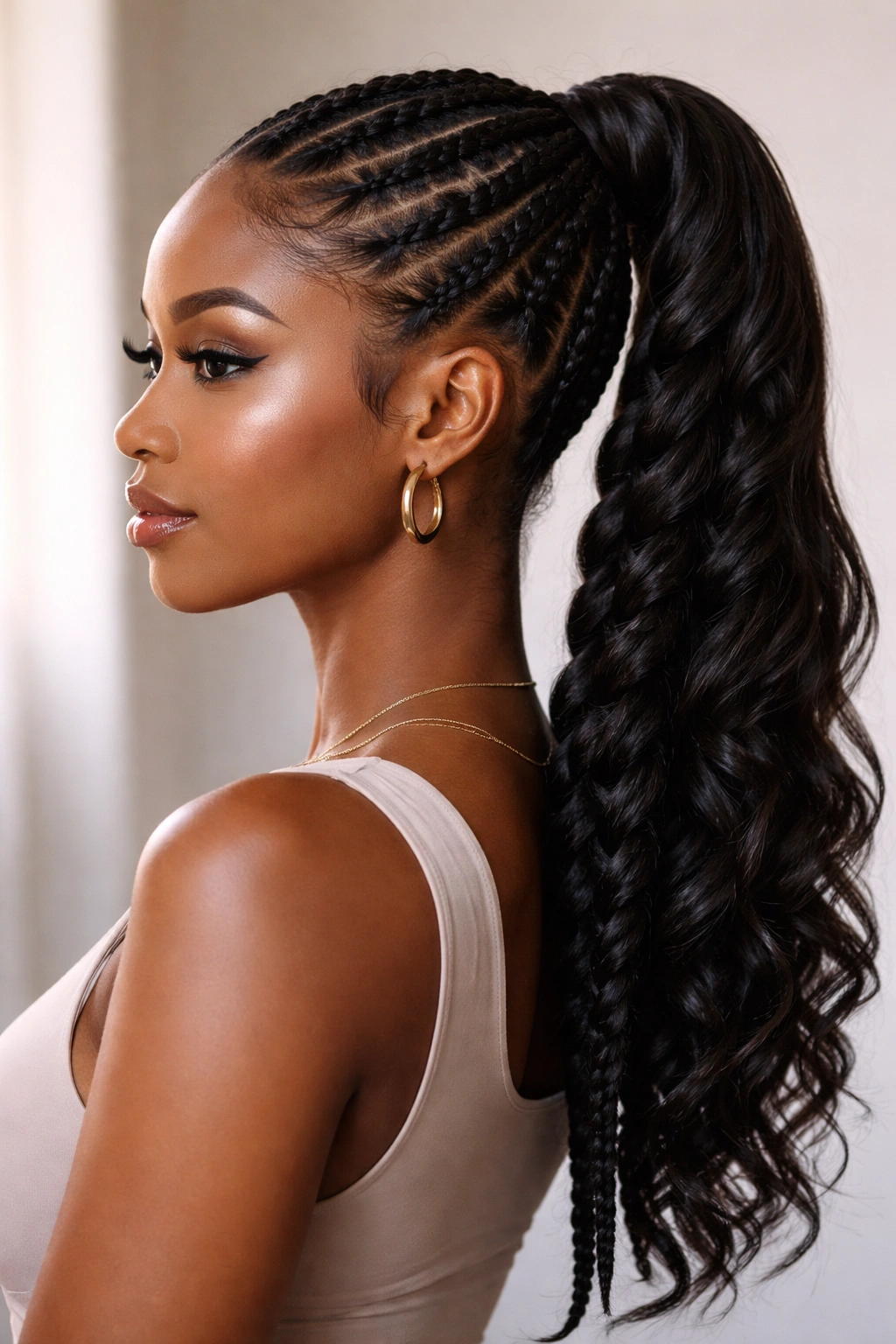 Side profile of a Black woman with braided and twisted hybrid ponytail