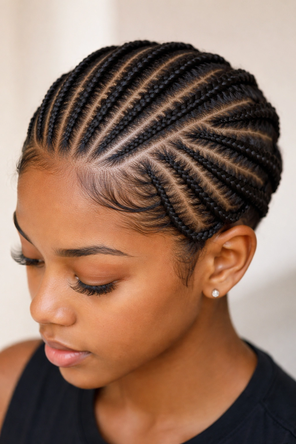 Frontal view of hybrid stitch cornrows showing straight, diagonal, and curved patterns