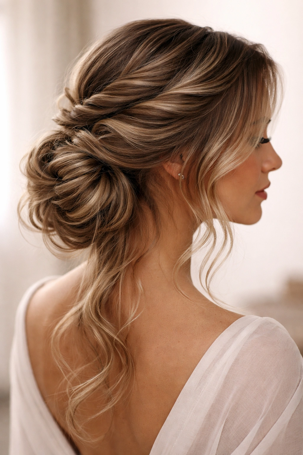 Intricate hybrid updo with floating twists and waves, top view angle