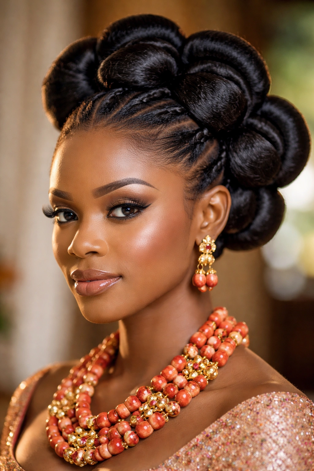 Ibo knot hairstyle with multiple buns around the crown