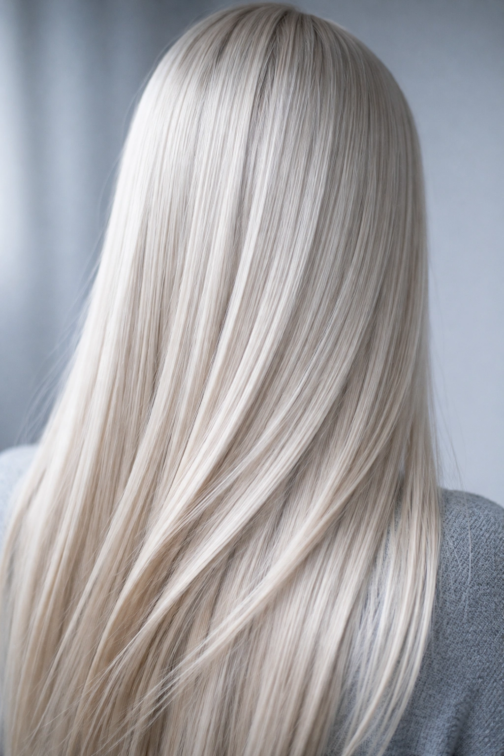 Close-up of icy blonde straight hair with cool ash tones in a studio setting