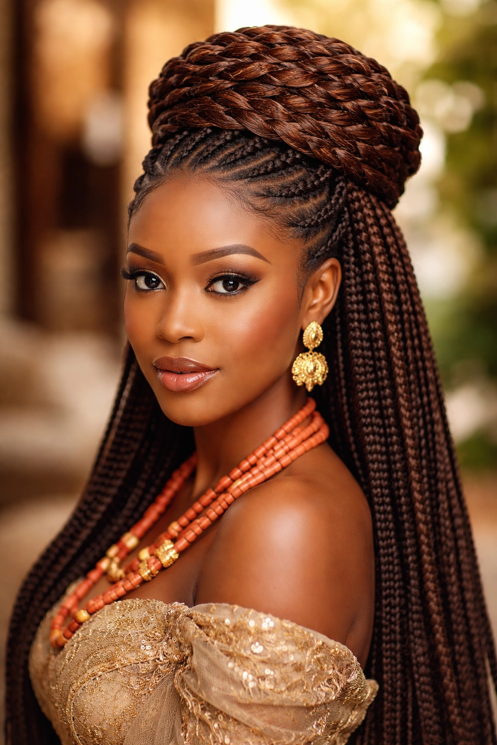 Igba Nchu basket weave crown with flowing braids