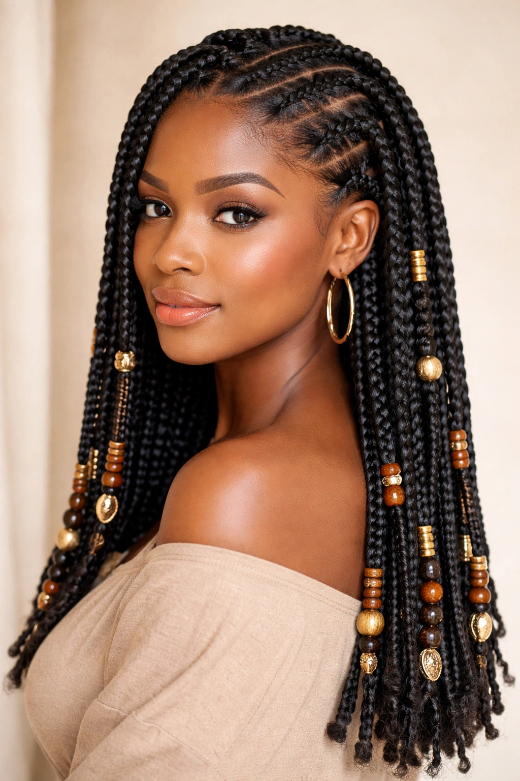 Box braids with Igbo flair showing square-part sections and bead accents along the braids