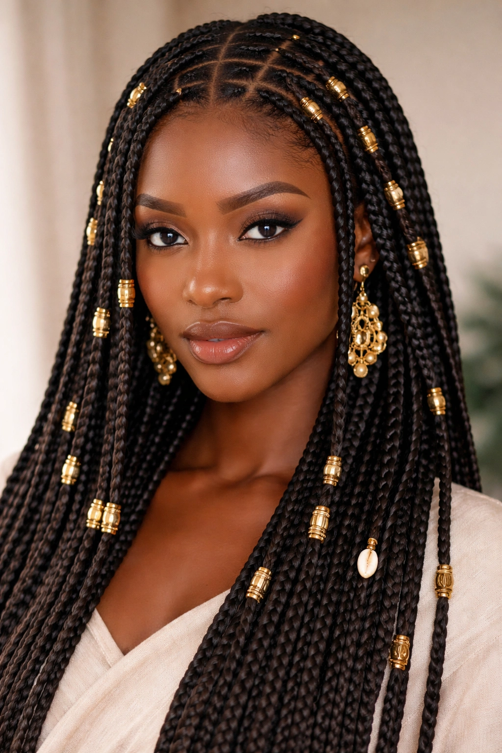 Box braids in a neat grid with gold cuffs