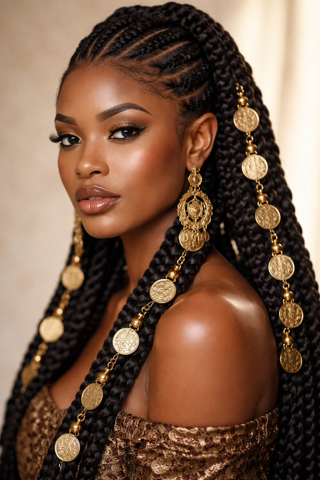 Close-up of Igbo Fulani braids with coins along a sculpted crown