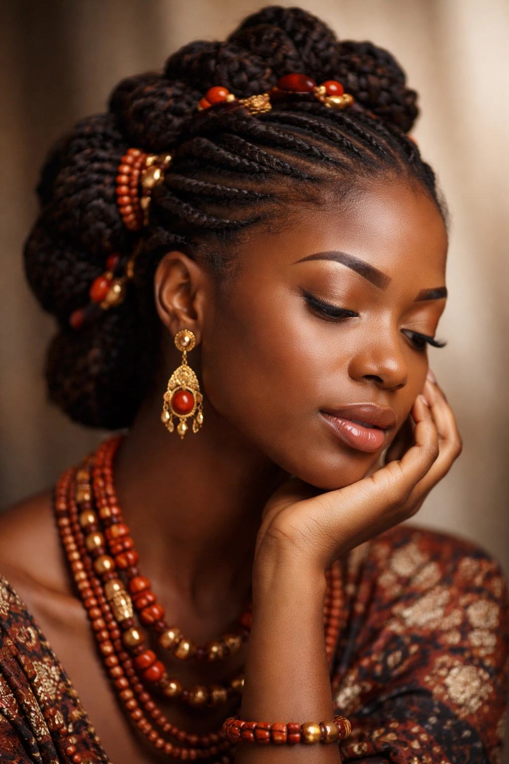 Close-up portrait of a person with intricate Igbo-inspired braids highlighting heritage and natural hair texture