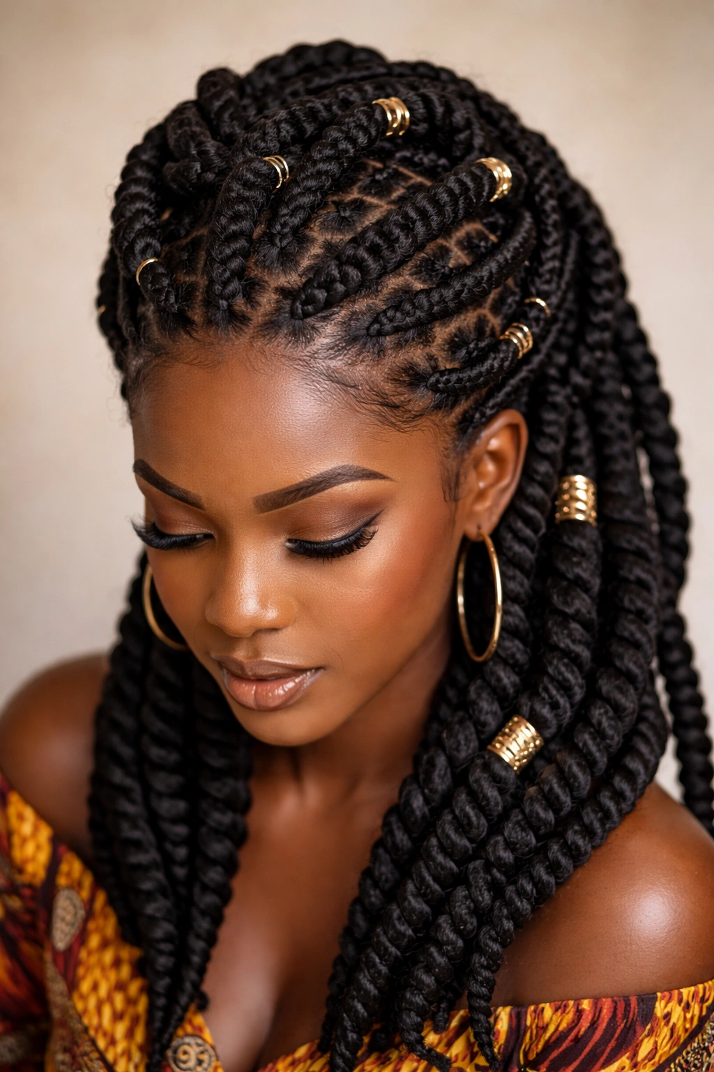 Close-up of Igbo braids with thick twisted patterns and extensions