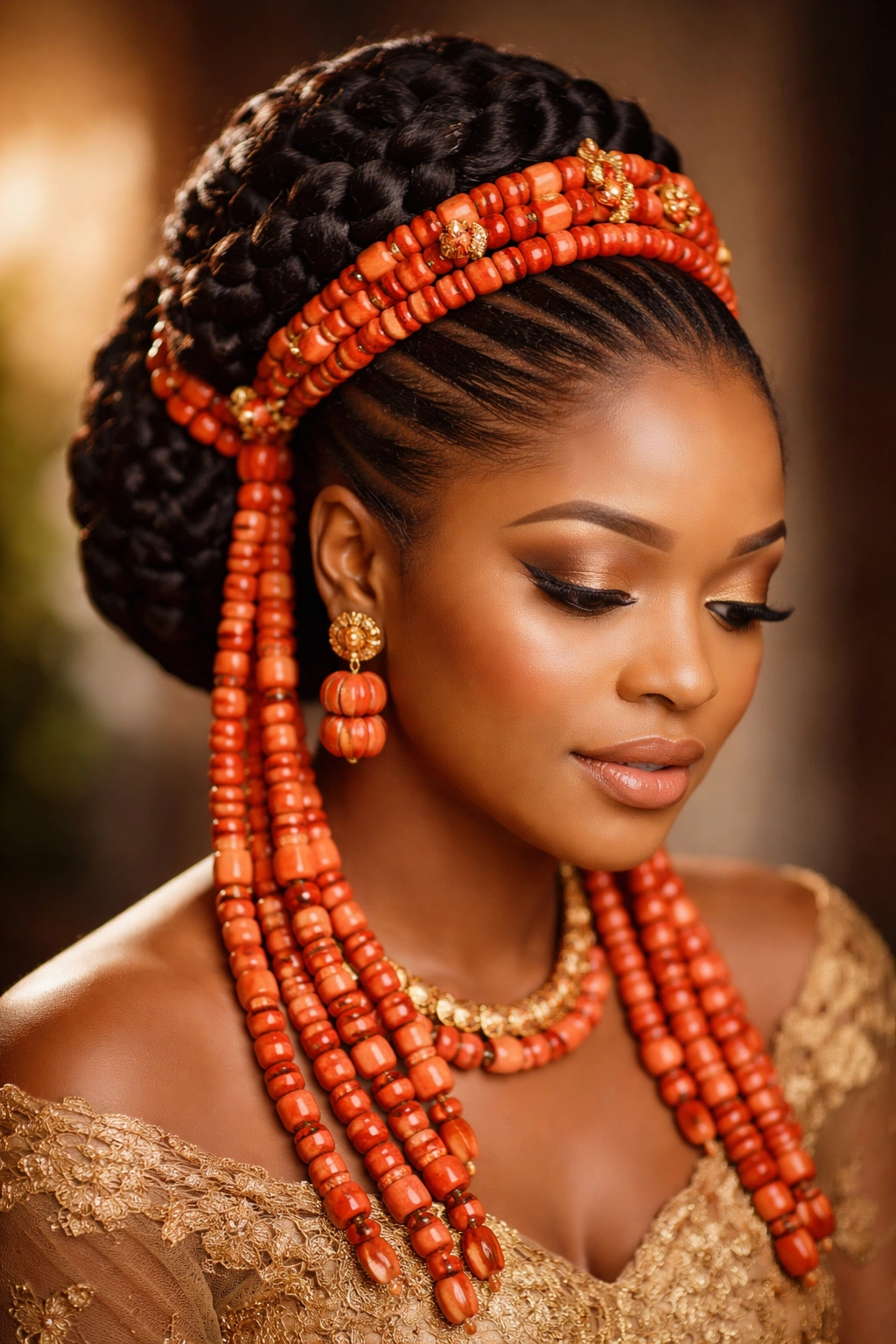Close-up of a bride with traditional Igbo braided hairstyle and coral beads.