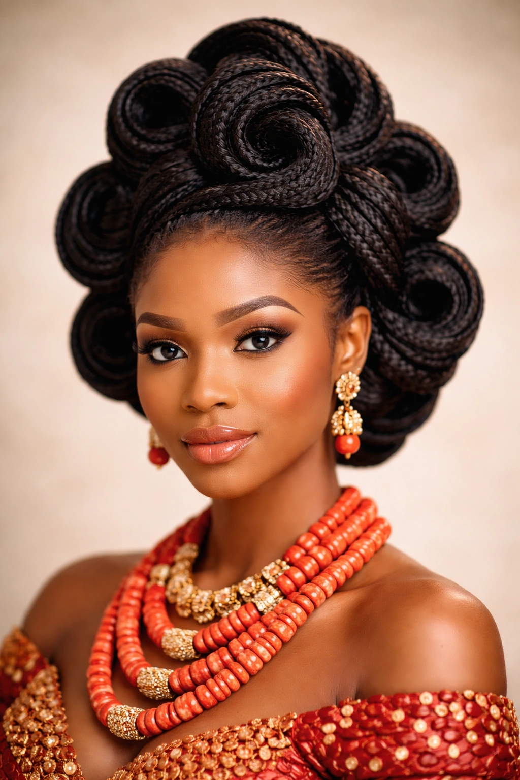 Close-up Igbo bridal hairstyle with sculptural loops and coils
