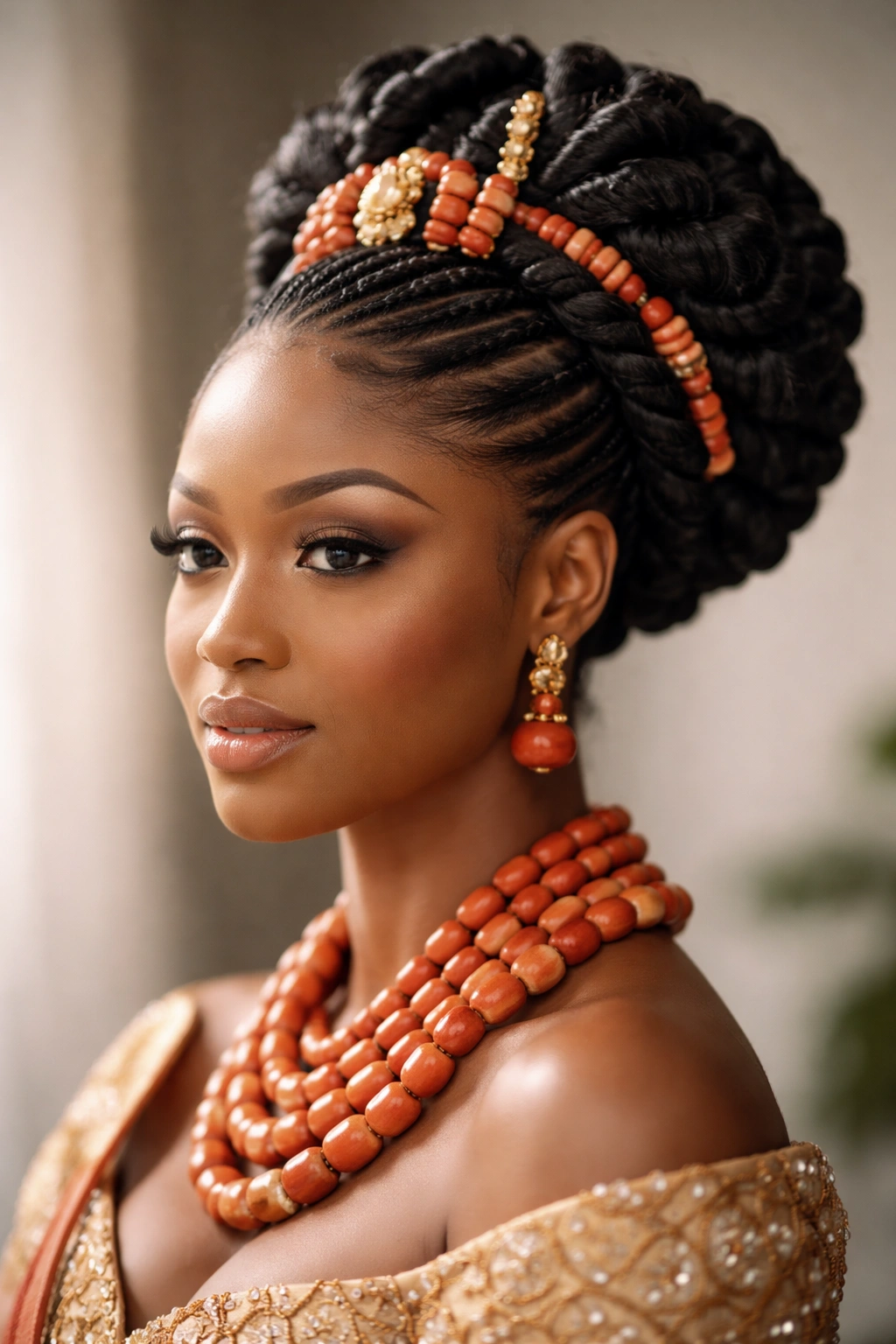 Close-up of an Igbo bride's traditional wedding hairstyle with braided regal updo and beads