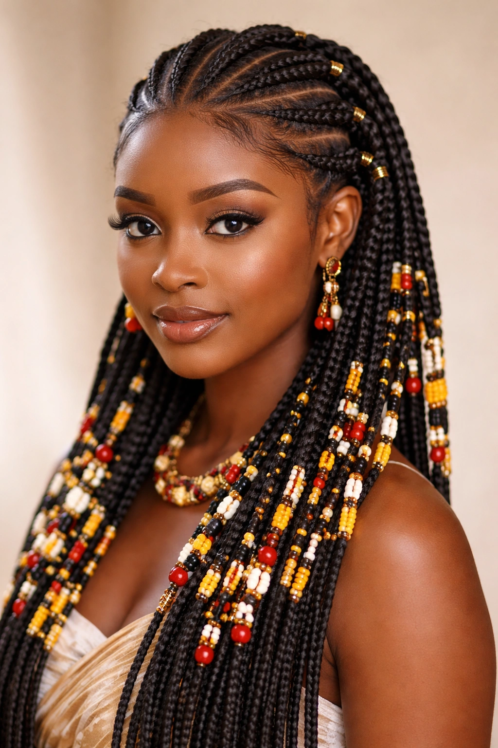 Close-up of igbo cornrows with colorful beaded extensions