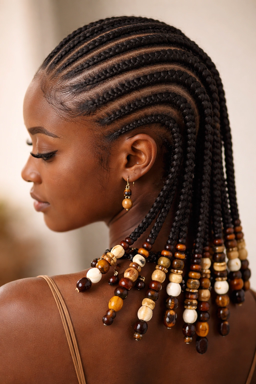 Close-up of Igbo cornrows with beaded endings and bead tips