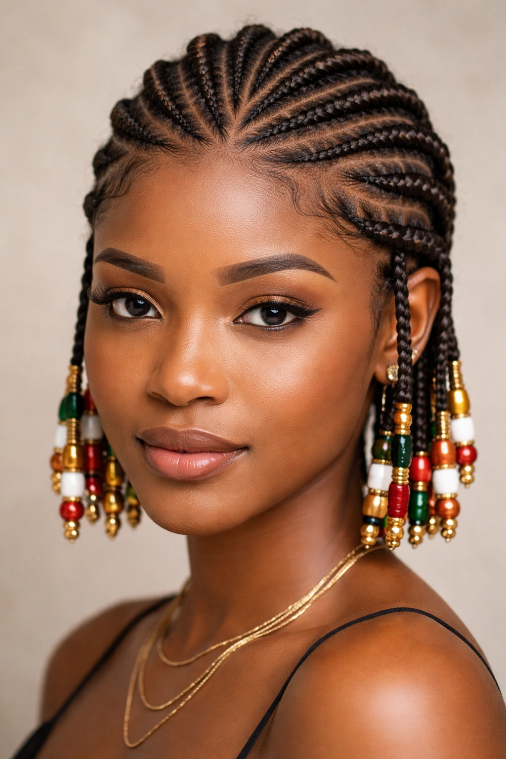 Close-up of Igbo cornrow patterns with beaded ends on short hair