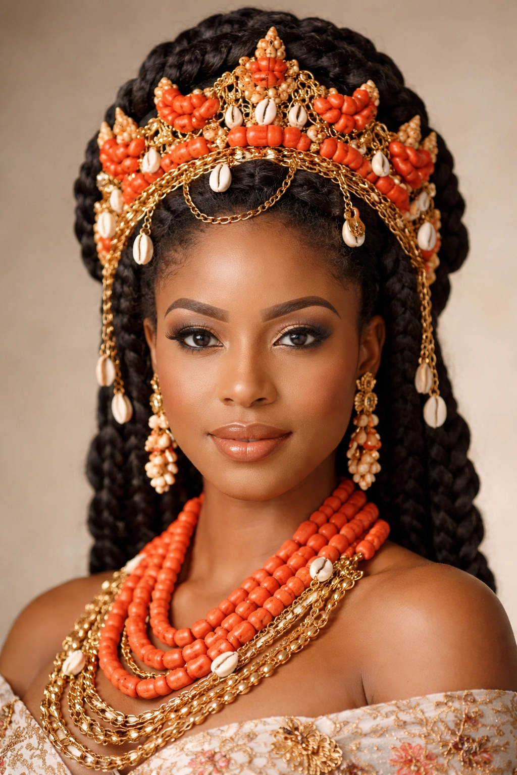 Traditional Igbo crown with coral beads and shells woven into braids