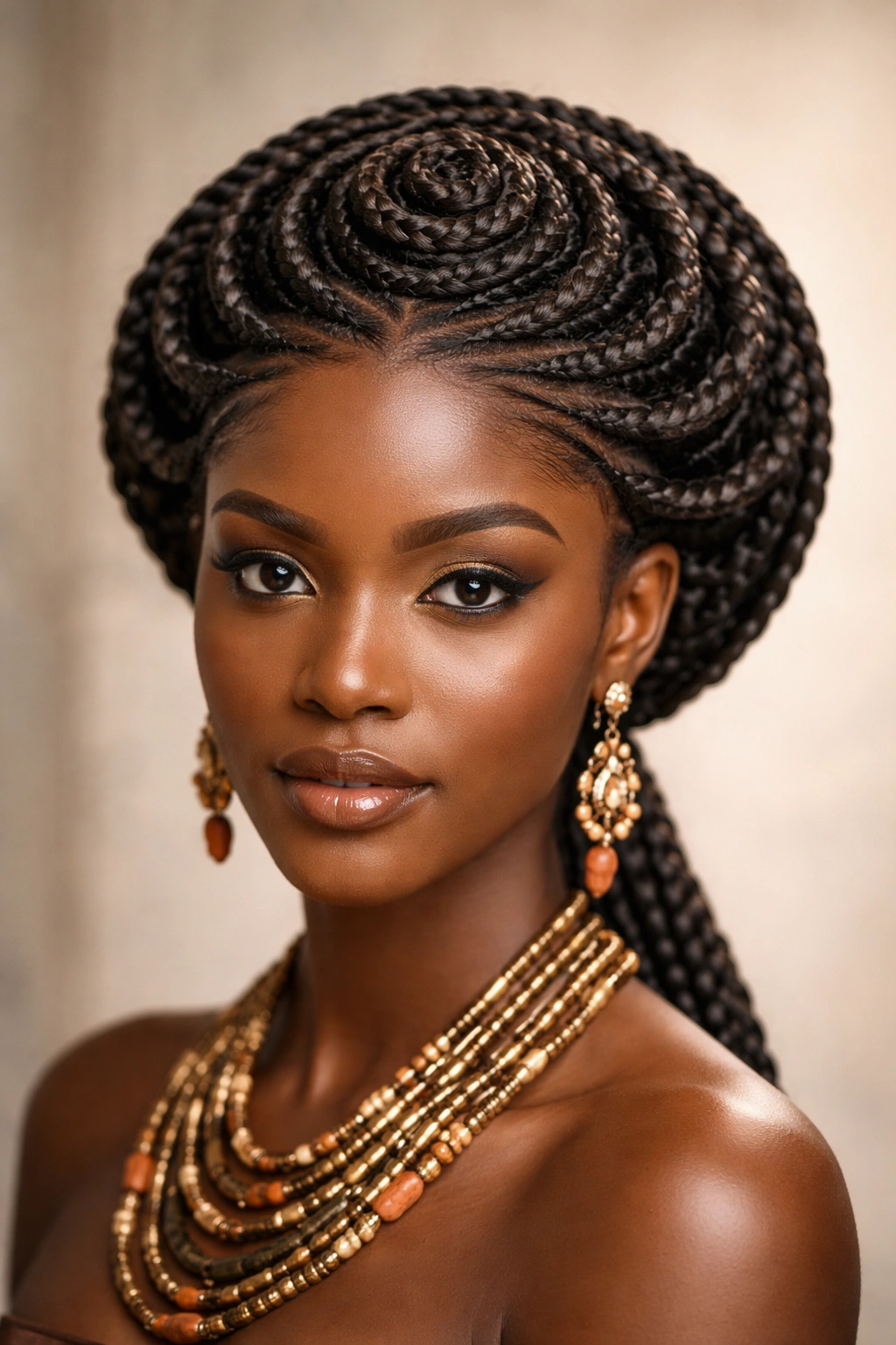 Igbo crown braids with center spiral around the head