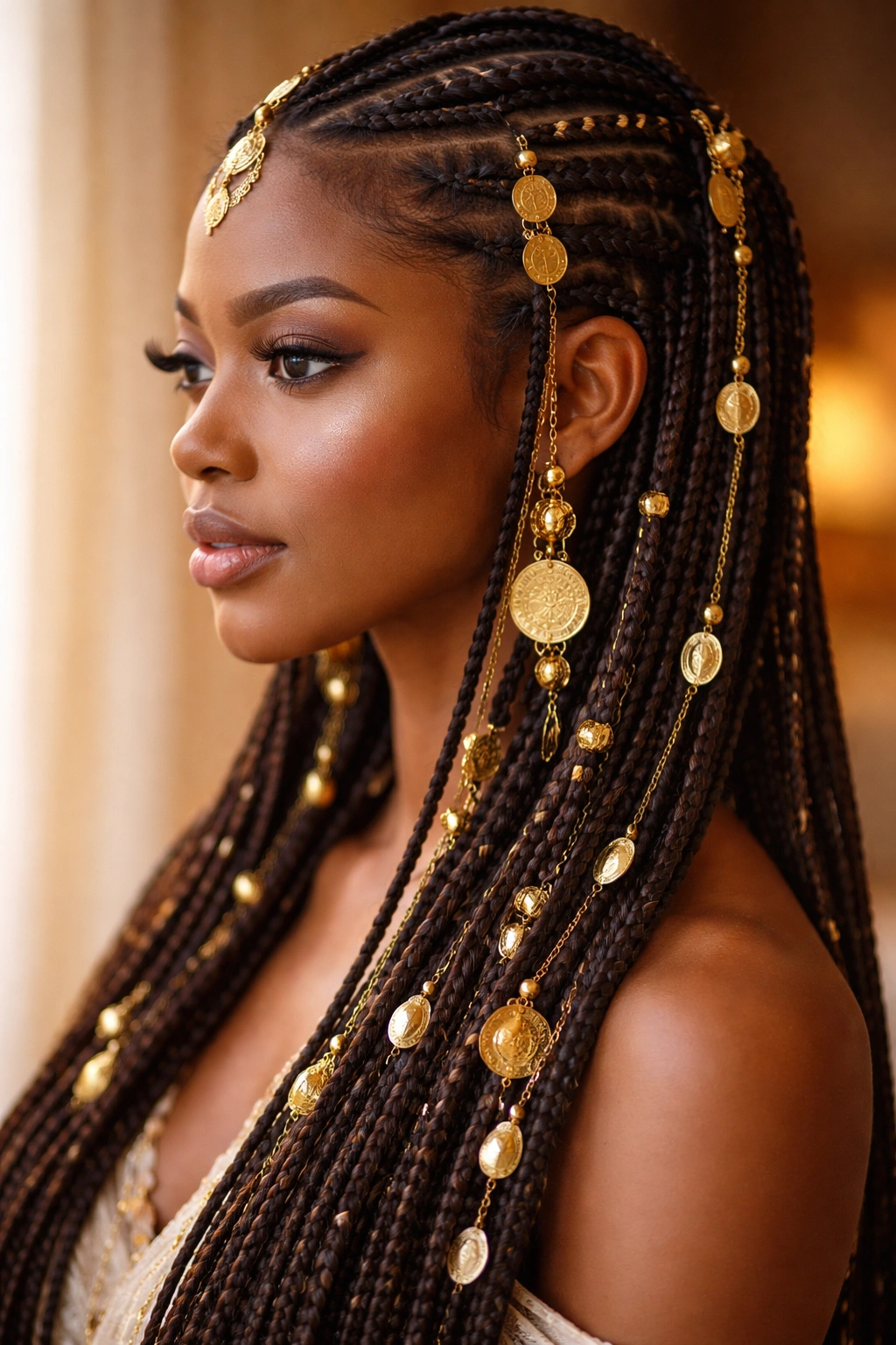 Delicate Fulani-inspired braids with gold jewelry