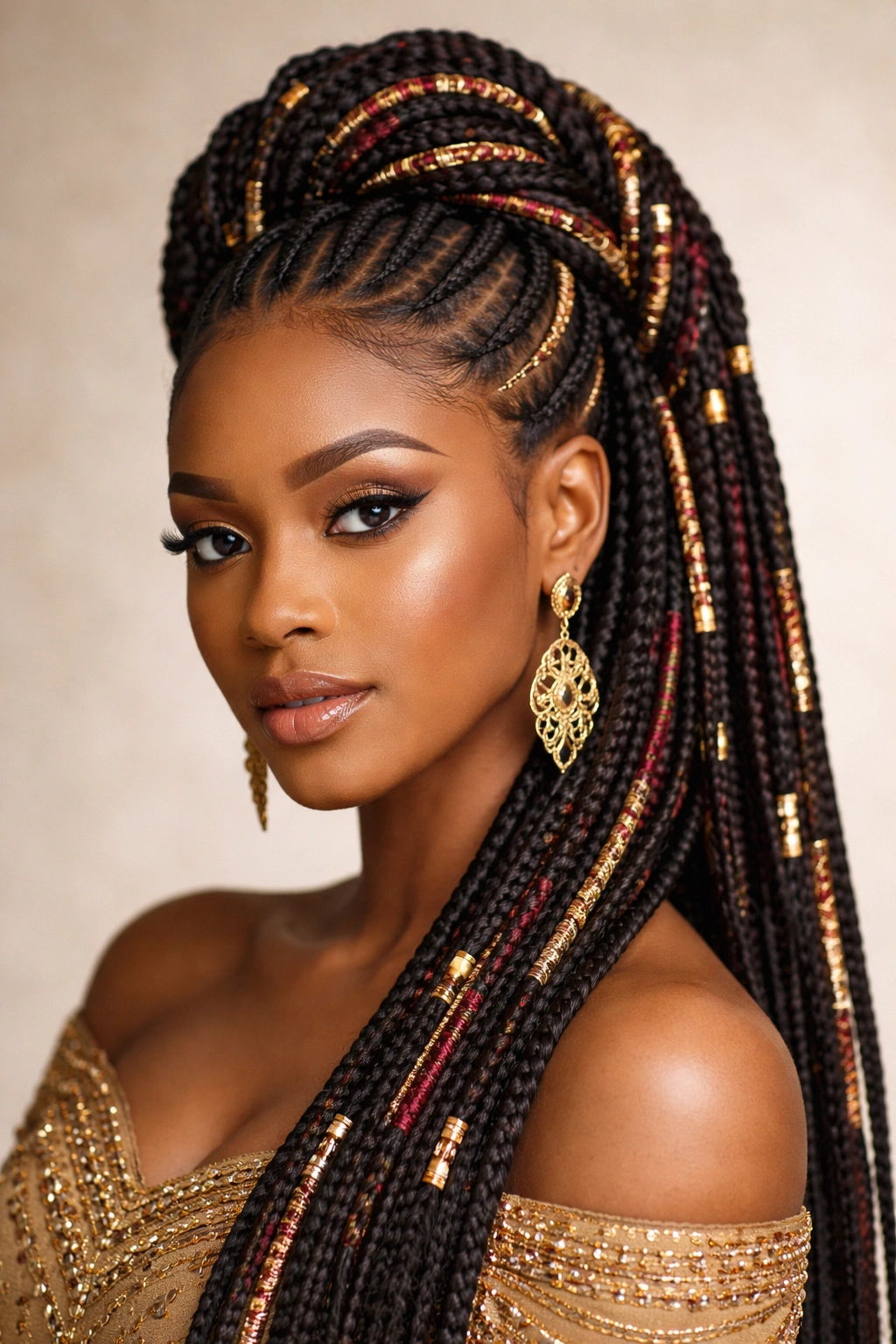 Close-up of contemporary Igbo fusion braids with color accents