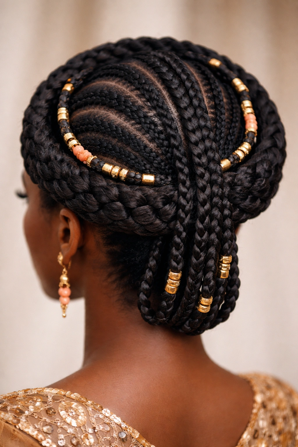 Close-up of a halo crown braid encircling the head with central braids