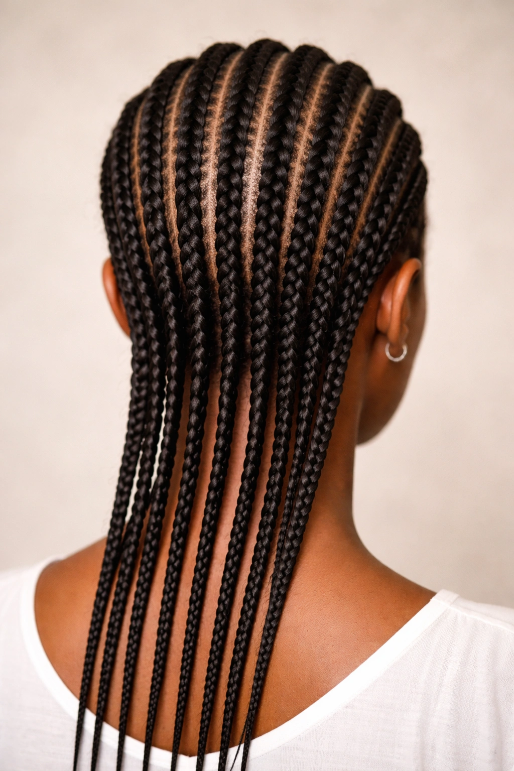 Close-up of straight-back Igbo plaits showing clean scalp and precise part lines