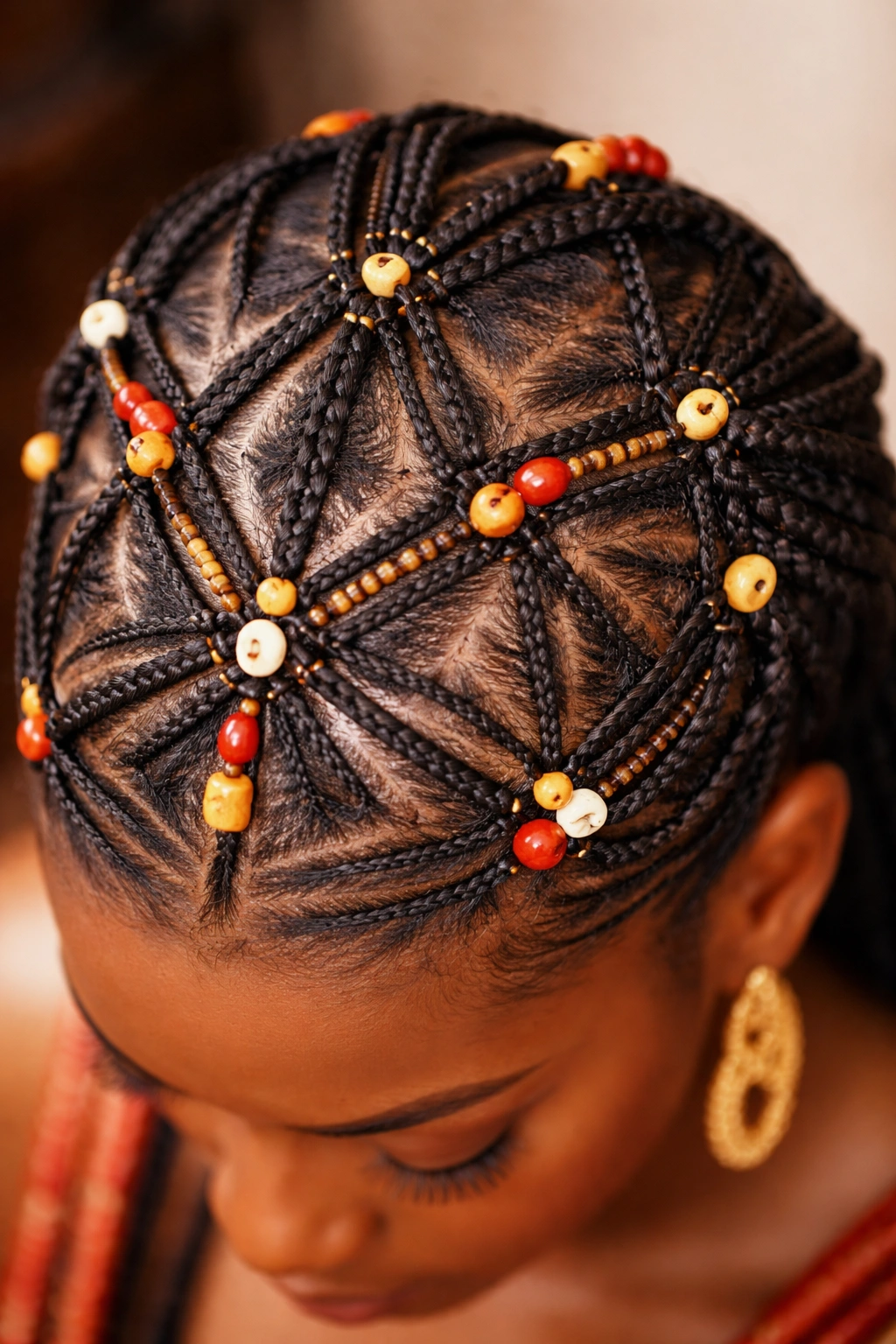 Close-up of sculpted Igbo braids forming geometric bead patterns on the scalp
