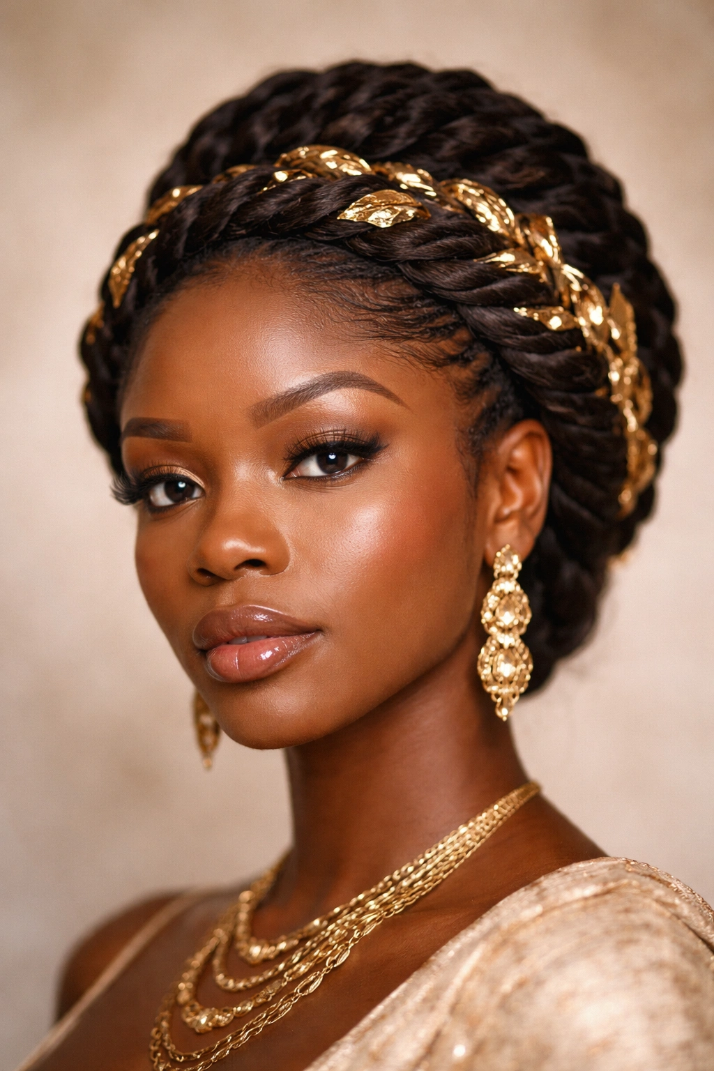 Igbo twisted crown with gold accents woven into twists