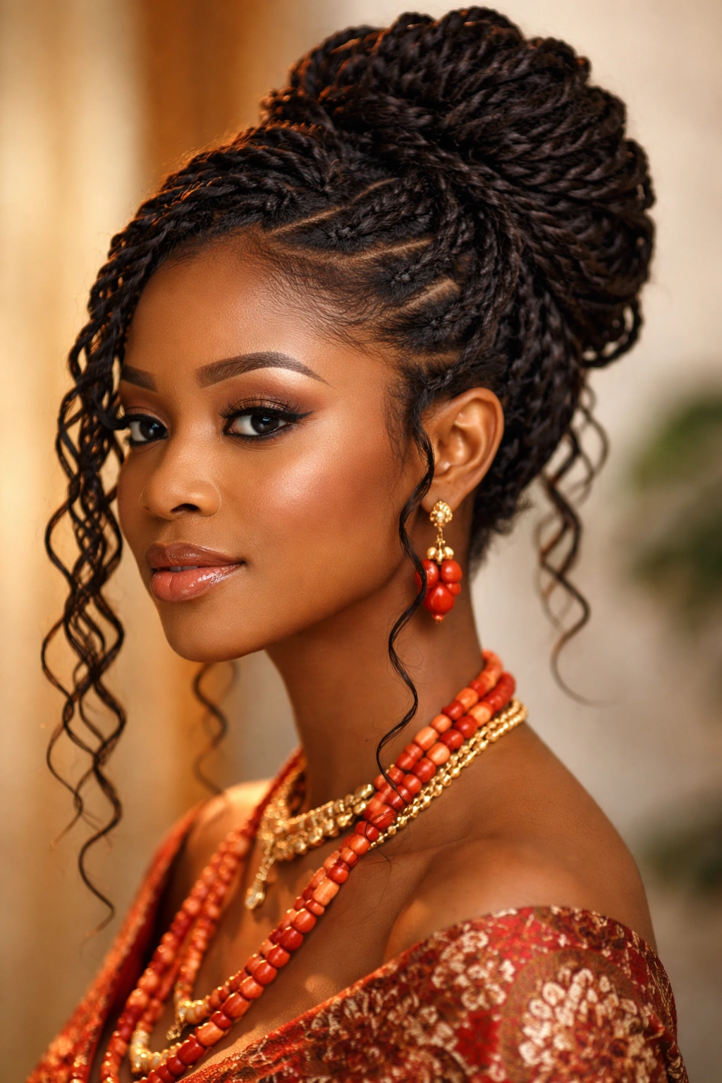 Twisted updo with loose tendrils framing the face