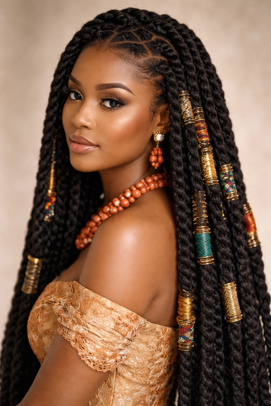 Close-up of Igbo long twists with fabric-wrapped sections for formal styling
