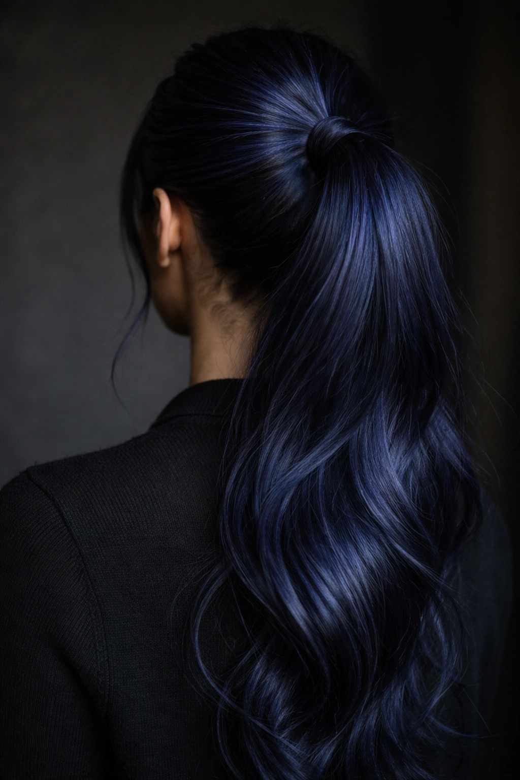 Deep indigo blue ponytail with rich color and subtle teal undertones, back view