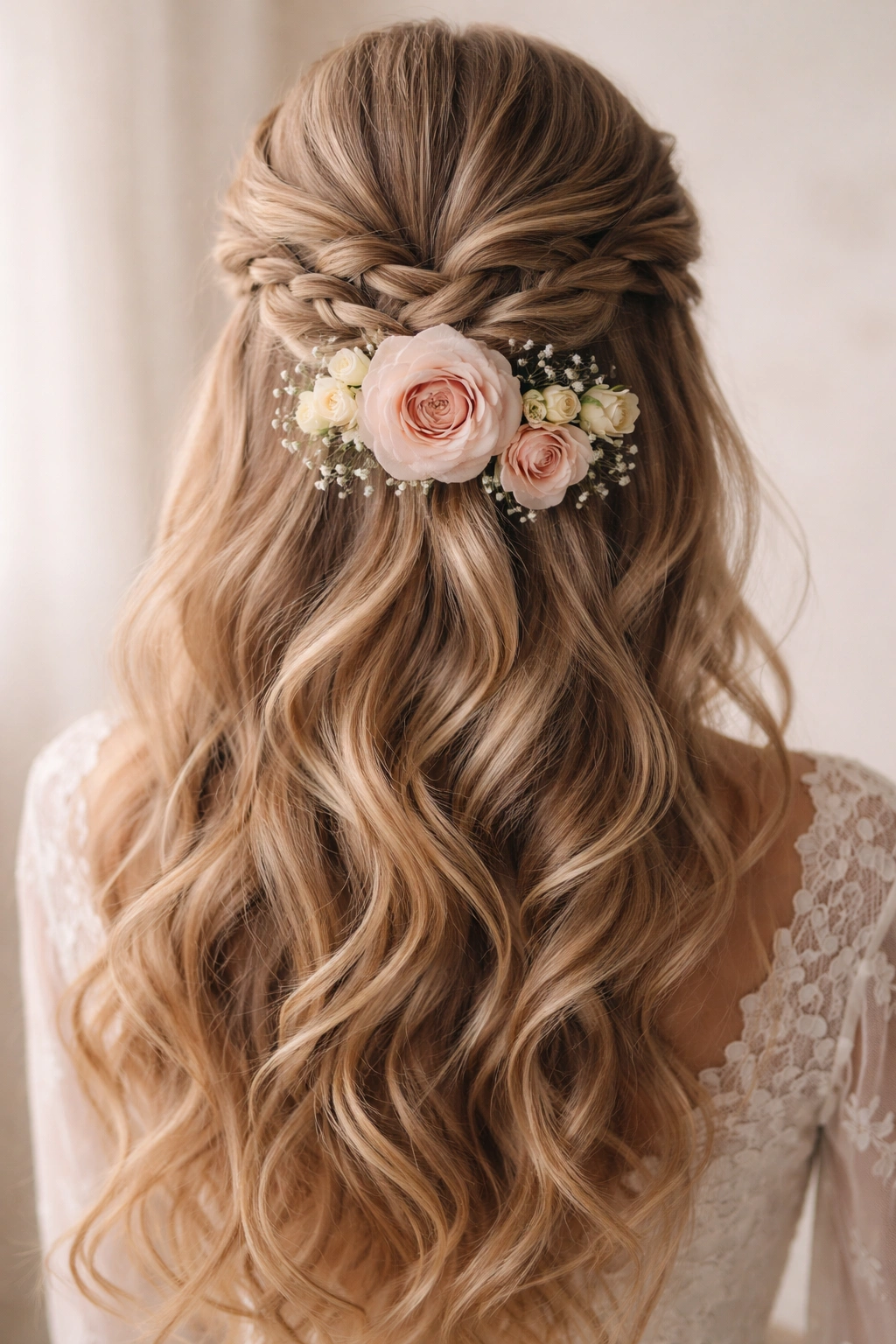 Back view close-up of infinity braid half-up with a garden rose.