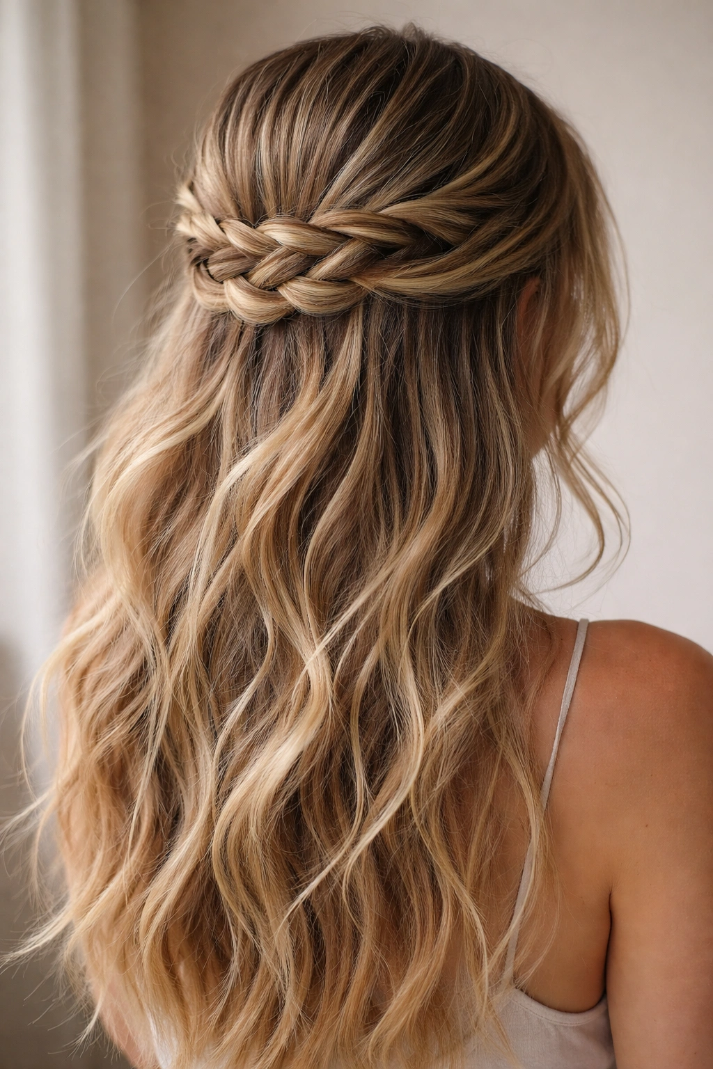 Infinity braid half-up with pretzel weave secured at back and loose hair