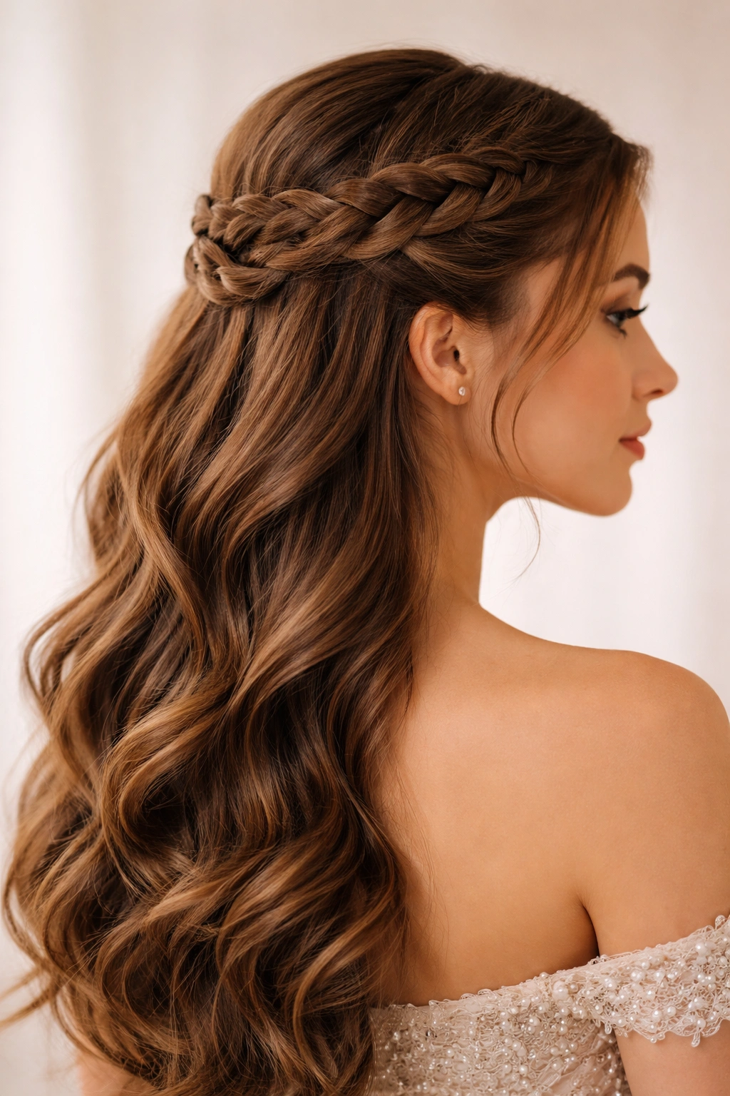Close-up of infinity braid half-up hairstyle with interwoven braids on model's head